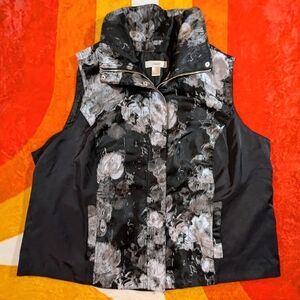 CJ Banks Zip-up & Button Satin Vest, 1X Black Silver Gray Floral